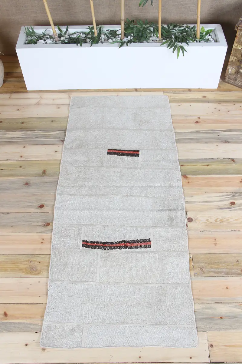 2.6x6.2 ft Halı, Türk Vintage Halı, Patchwork Gri Çizgili Halı - 1
