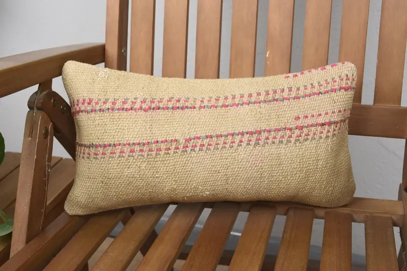 Vintage Wool Beige Pillowcase, Striped Moroccan Mini Lumbar 8x16 inch Cushion Case - 1