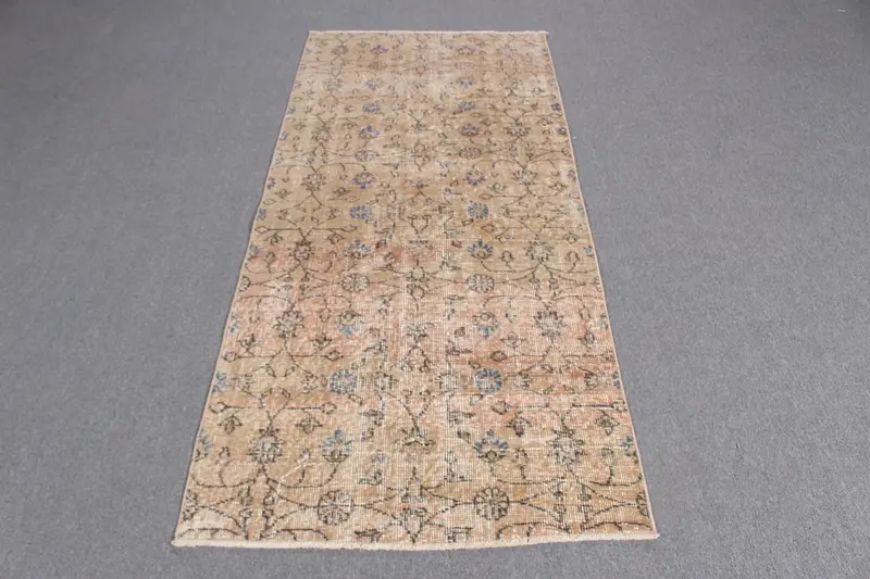 Vintage Türk Halısı, Accent 2.9x6.3 ft (87x192 cm) Halı, Kahverengi Çiçekli Yün Halı - 1