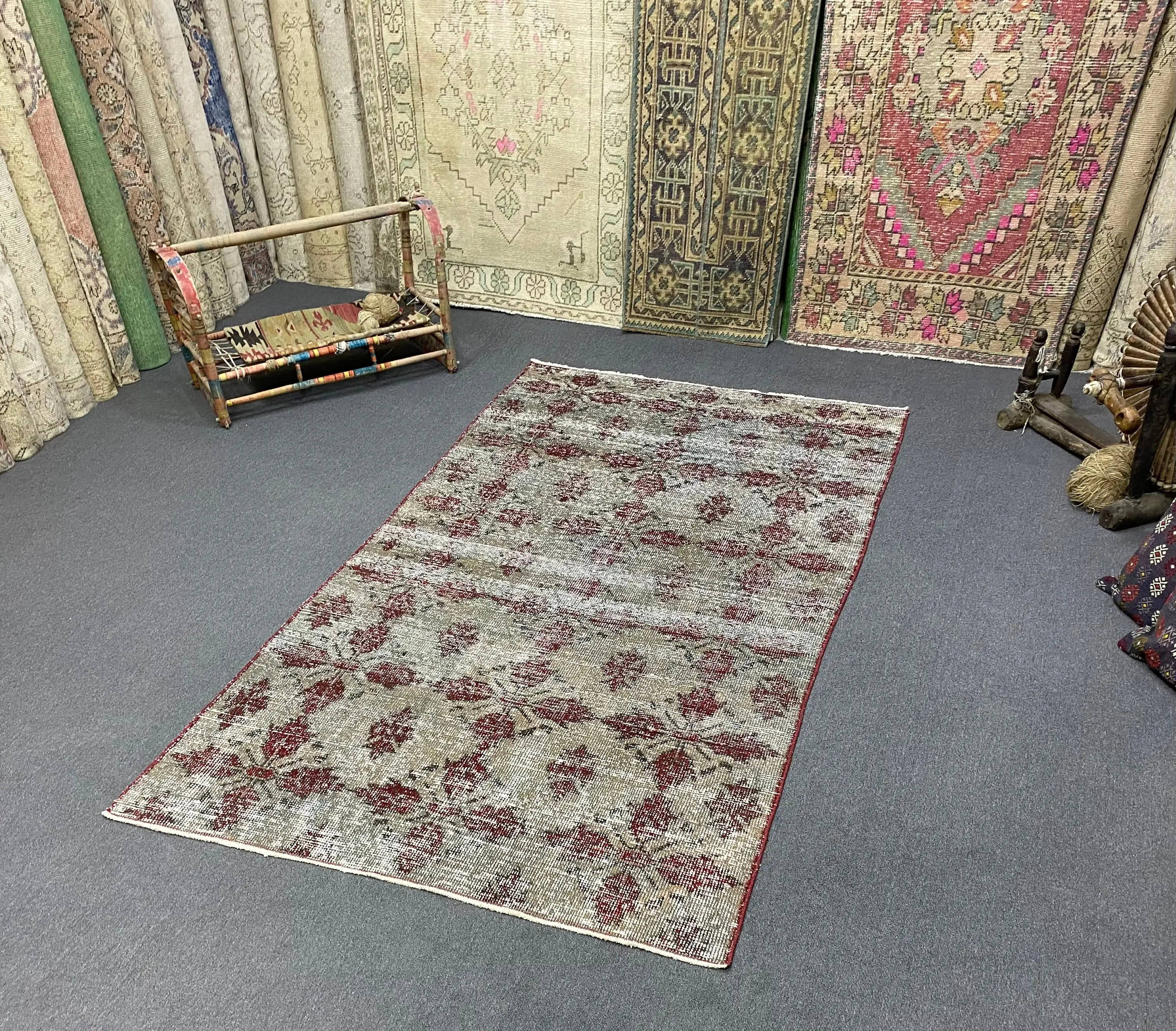 4,2x7,6 ft türkischer Teppich, Vintage-Teppich, roter Wollteppich mit Blumenmuster - 1
