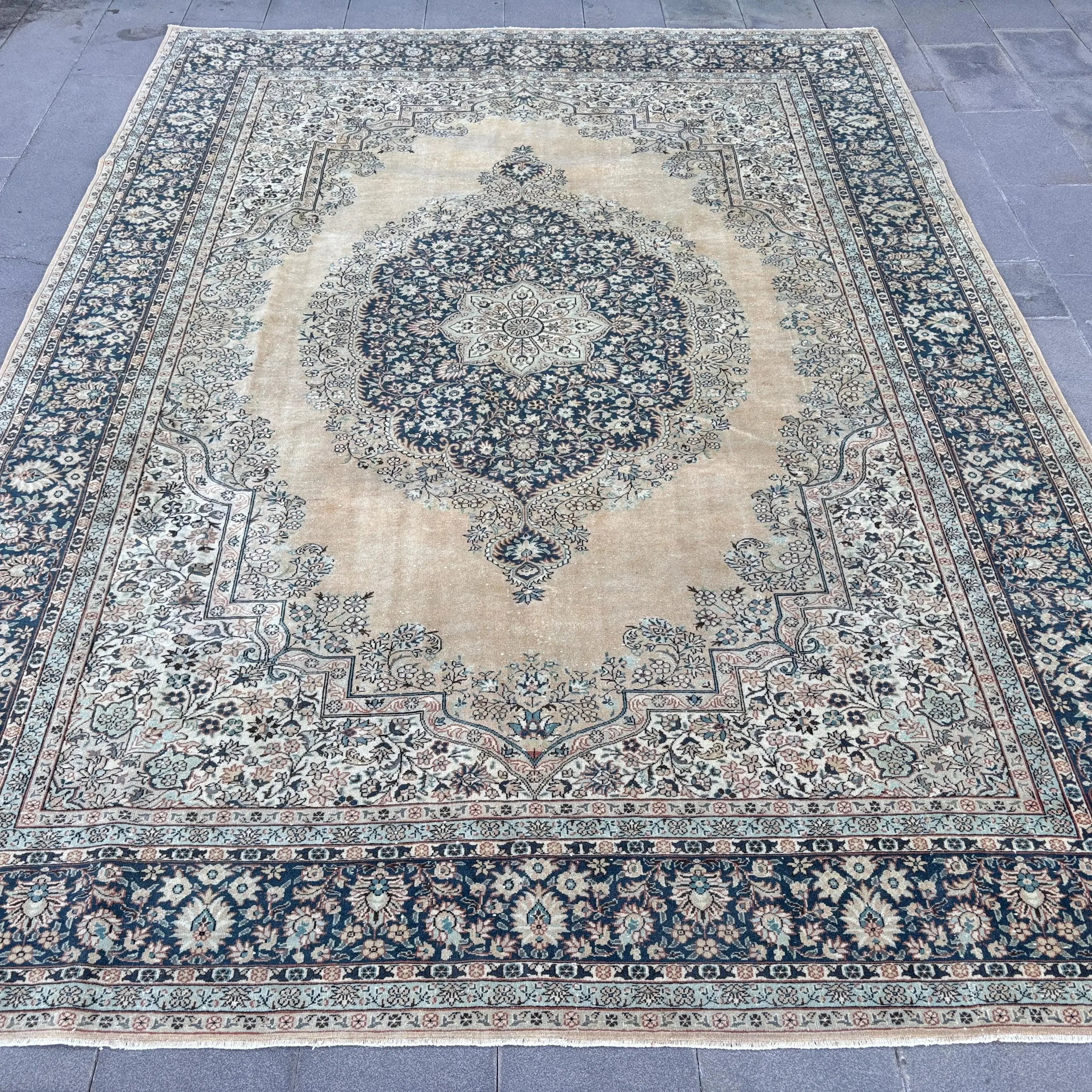 8.6x12 ft Rug, Vintage Turkish Rug, Blue Polka dot Wool Rug - 1