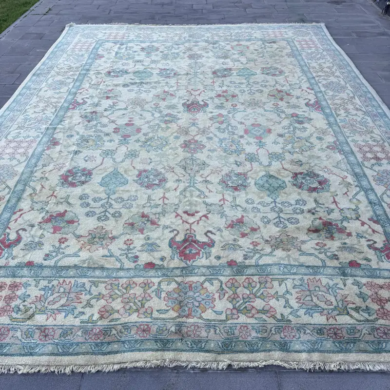13.7x17.8 ft Oversize Vintage Turkish Rug, Blue Ikat Wool Rug - 1
