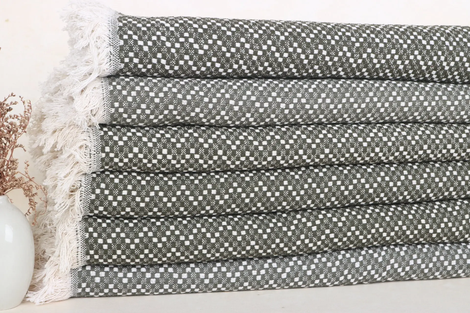 Herringbone Throw Dark Green Cotton Blanket, 56x79 Inches - 1