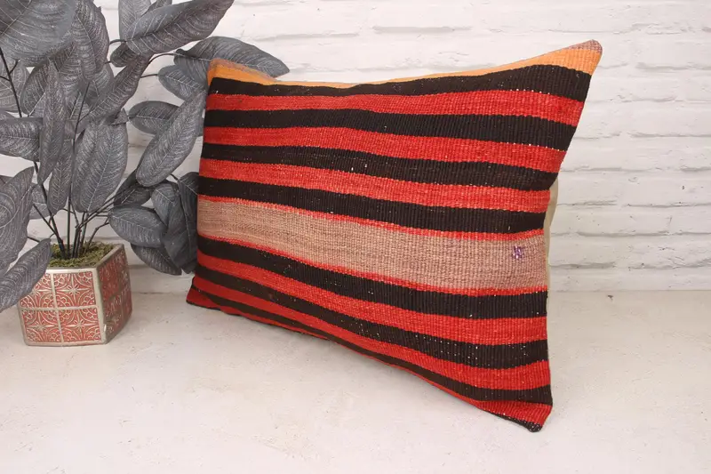Ethnical Kilim Rug Pillow, Turkish Kilim Pillow, Kilim Cushion Sham, One Of A Kind Cushion Cover, 16x24 Red Pillow Case, Pillow Case - 4