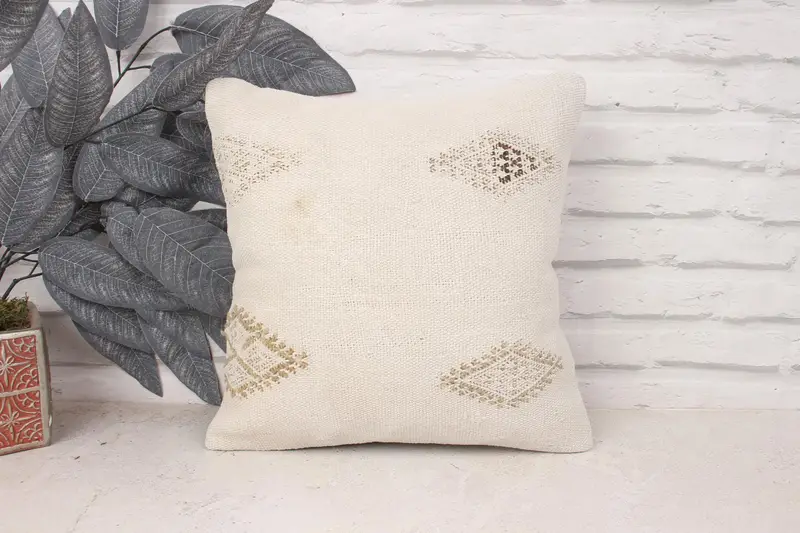 14x14 White Cushion Cover, Interior Designer Pillow, Cushion Cover, Oriental Pillow Cover, Ethnical Kilim Rug Pillow, Turkish Pillow - 1