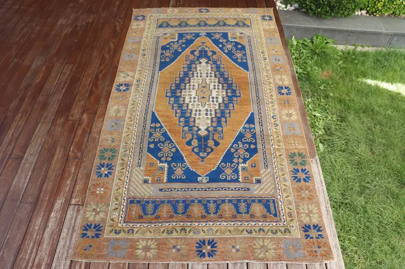 Alfombra naranja y azul hecha a mano, 0,4x7,8 pies floral y paisley