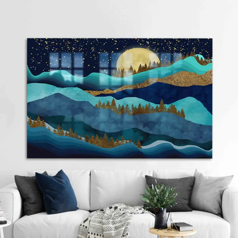 Elegant Printed Glass: Mountain Landscape & Full Moon Luxury Design