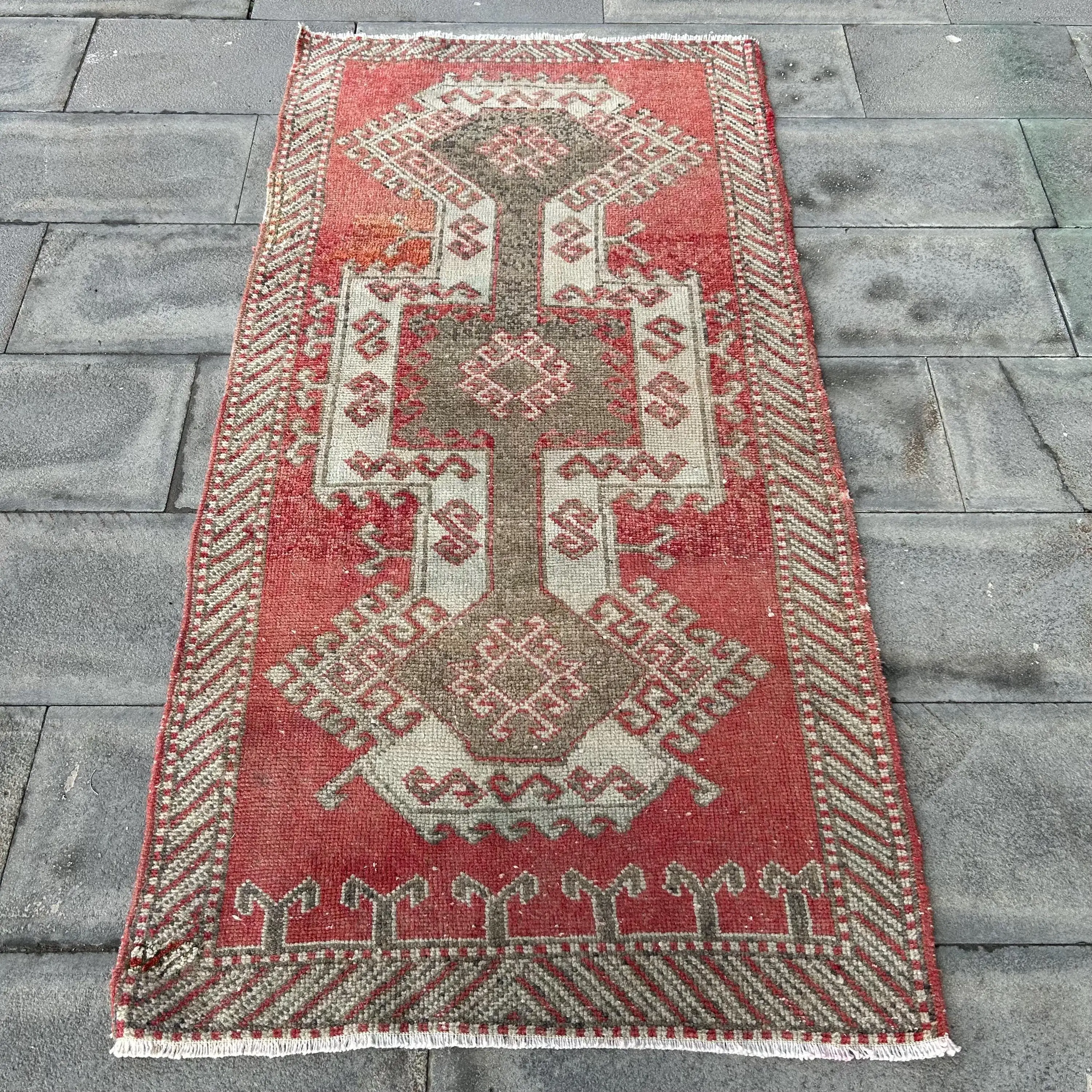 Alfombra vintage turca, alfombra decorativa de 3,1x6,1 pies, alfombra abstracta gris roja - 1