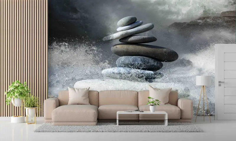 Zarif Baskılı Duvar Kağıdı: Kaya Dengesi Meditasyon Taşları Tasarımı