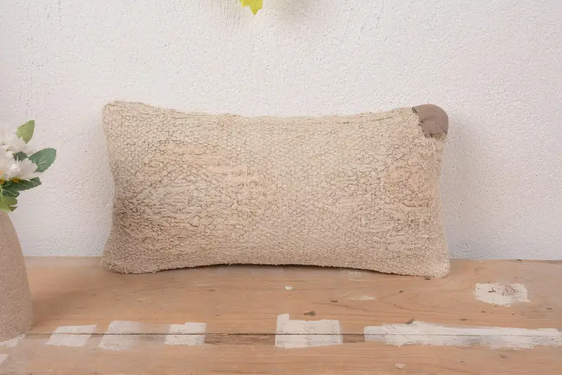 Handmade Southwestern Embroidered Throw Pillow, Vintage Beige Rectangular Pillow