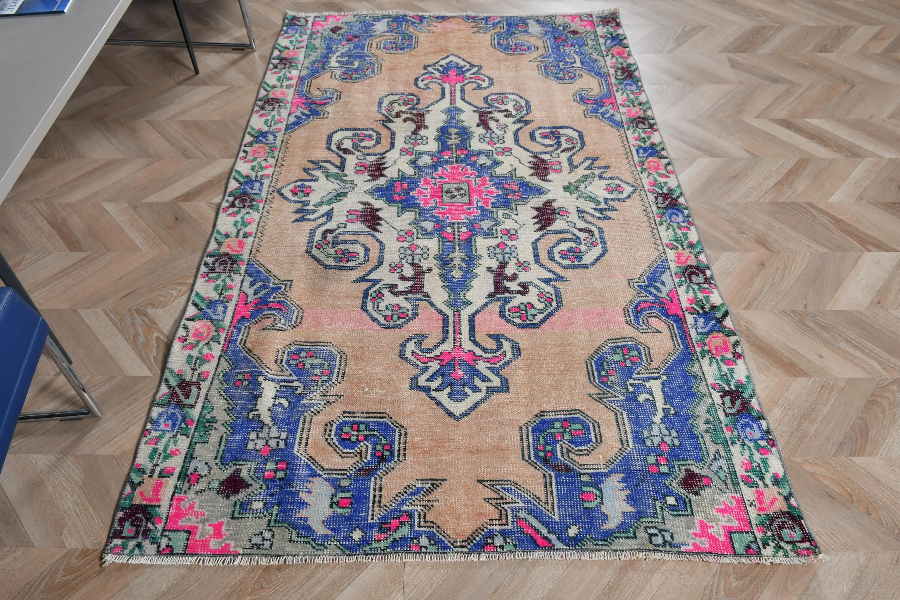 Vintage Turkish Area Rug 4x6.6 ft, Blue Floral Rug Wool - 1
