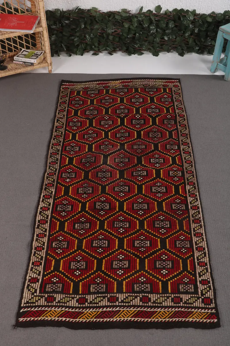 Türk Vintage Halı, 3.1x6.8 ft Büyük Boy Halı, Kırmızı Sarı Bitkiler ve ağaçlar Halı - 1
