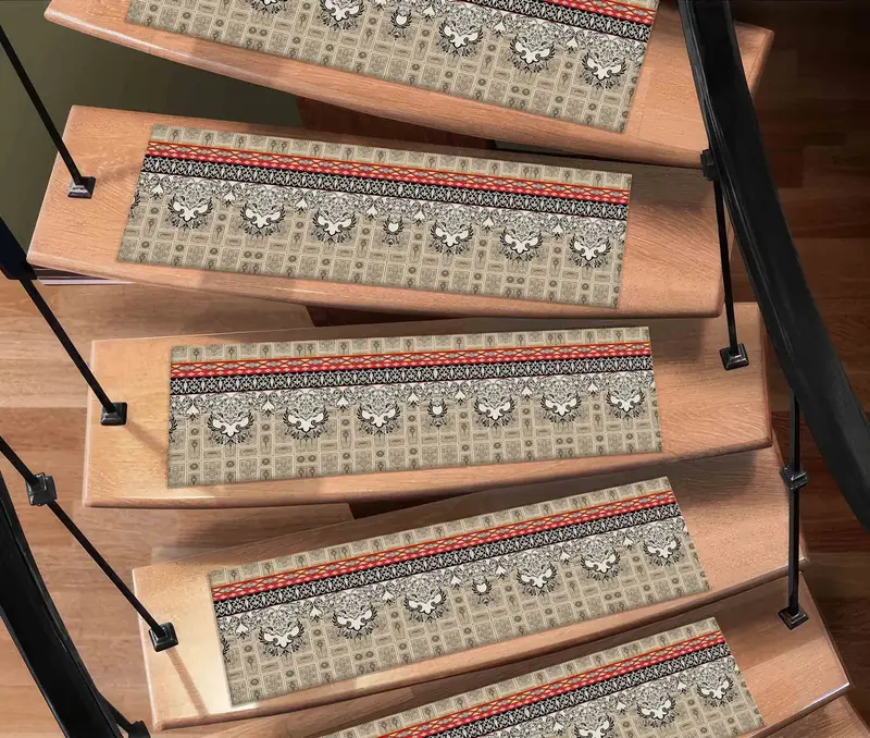 Beige Kilim Design Printed Rug: Stair Rug with Navajo Bohemian Flair