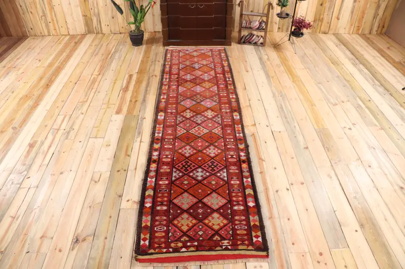2.9x10.5 ft Vintage Türk Halısı, Yolluk Halısı, Kırmızı Herki Paisley Halısı - 1