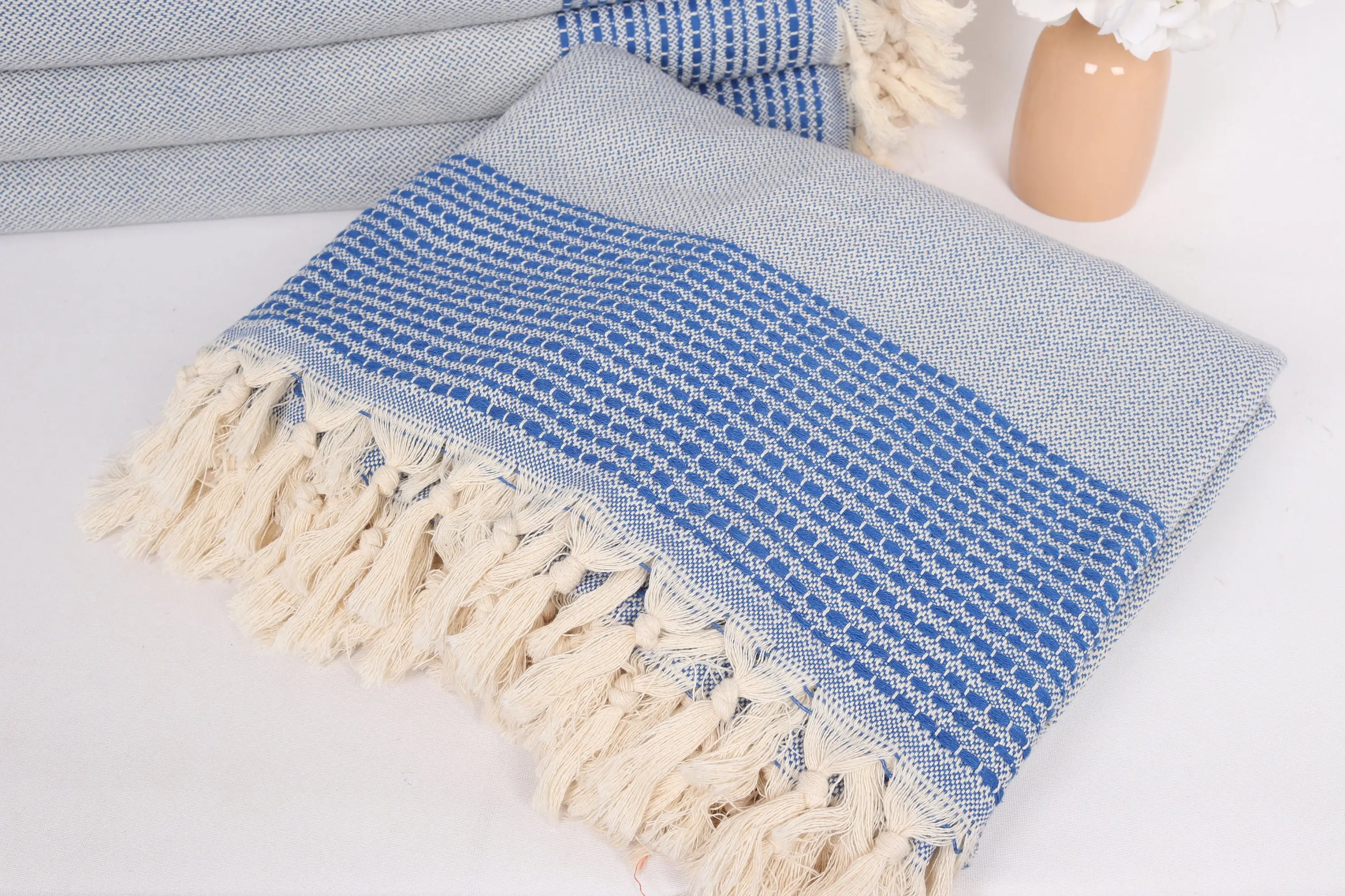 Sax Blue Cotton Striped Blanket, Tablecloth, 91x95 Inches - 1