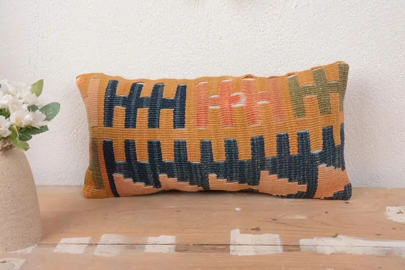 Orange & Bronze Geometric Throw Pillow, Vintage Rectangular Cushion