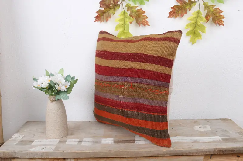 Vintage Kilim Pillow, 14x14 Red Cushion, Boho Pillow, Indoor Pillow Sham, Morroccon Kilim Cushion Pillow Cover, Turkish Pillow, Pillow Sham - 4