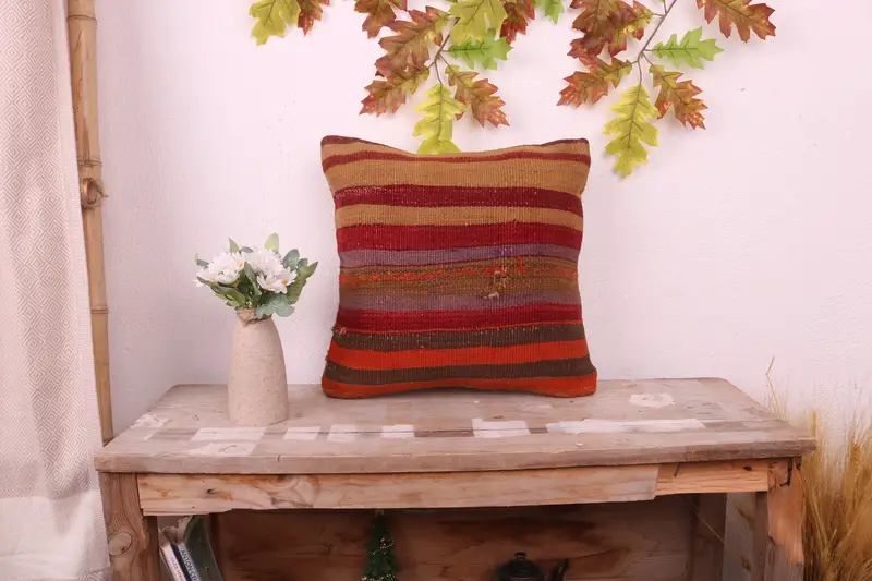 Vintage Kilim Pillow, 14x14 Red Cushion, Boho Pillow, Indoor Pillow Sham, Morroccon Kilim Cushion Pillow Cover, Turkish Pillow, Pillow Sham - 1