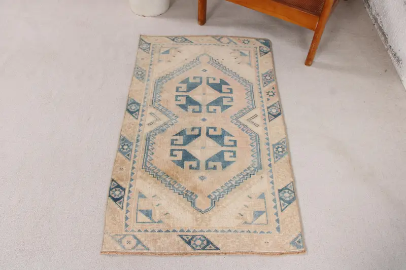 Handmade 0,2x3,8 ft Rug, Beige & Blue Check Design