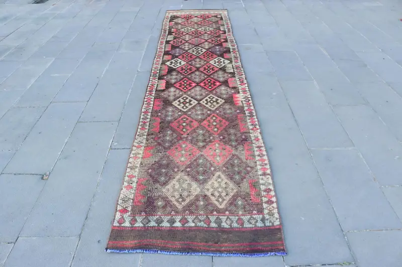 Turkish Vintage Rug 2.6x12.9 ft, Red Herki Solid Rug - 1