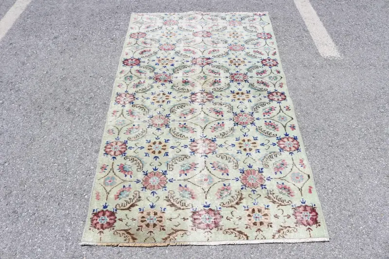 3.4x6.3 ft Halı, Vintage Türk Vurgulu Halı, Yeşil Oushak Yün Halı - 1