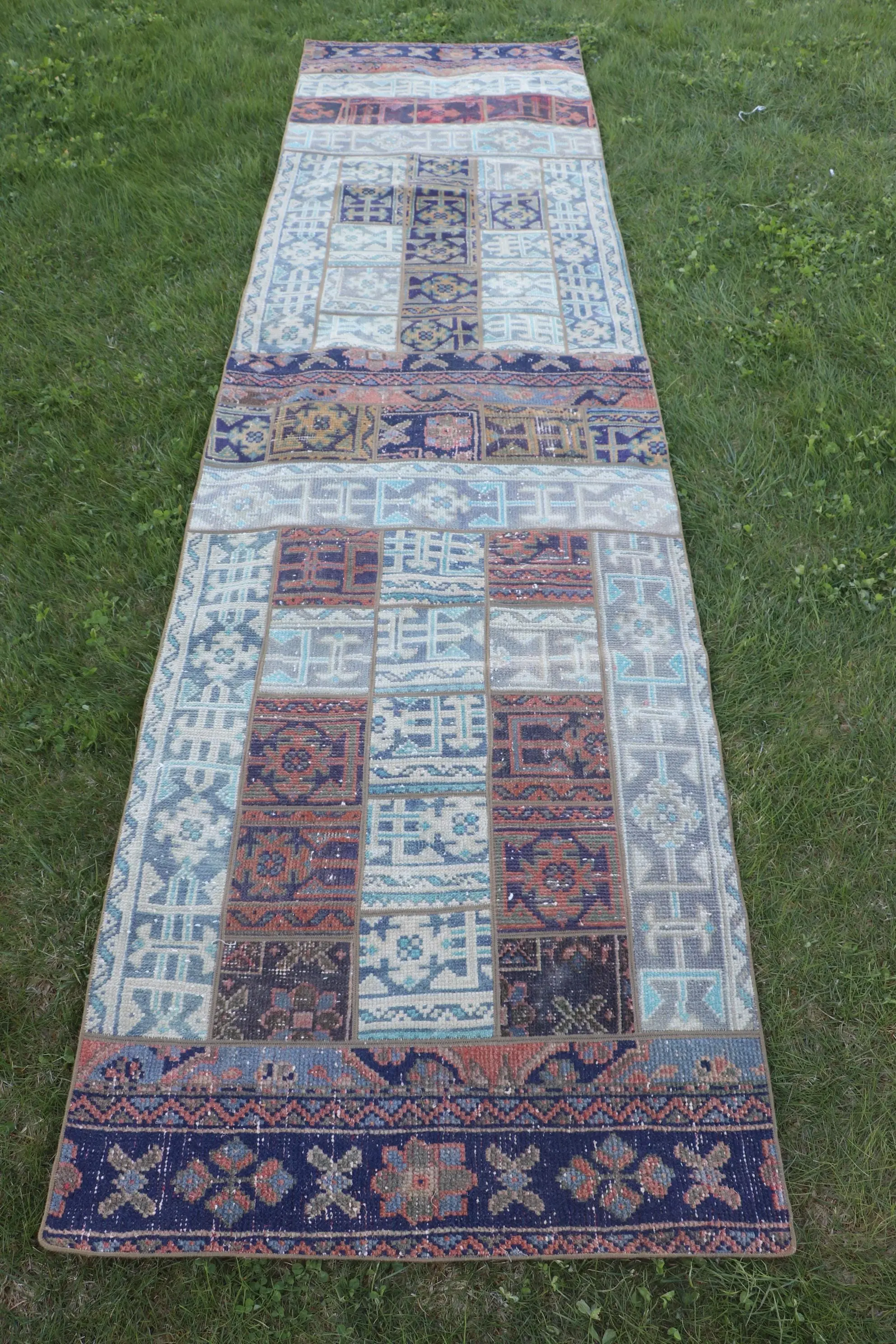 Turkish Vintage Rug 3x11.6 ft, Blue Runner Ikat Wool Rug - 1