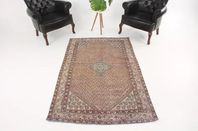 Türk 4.1x6.6 ft Alan Halısı, Vintage Halı, Oushak Kahverengi Patchwork Halı - 1