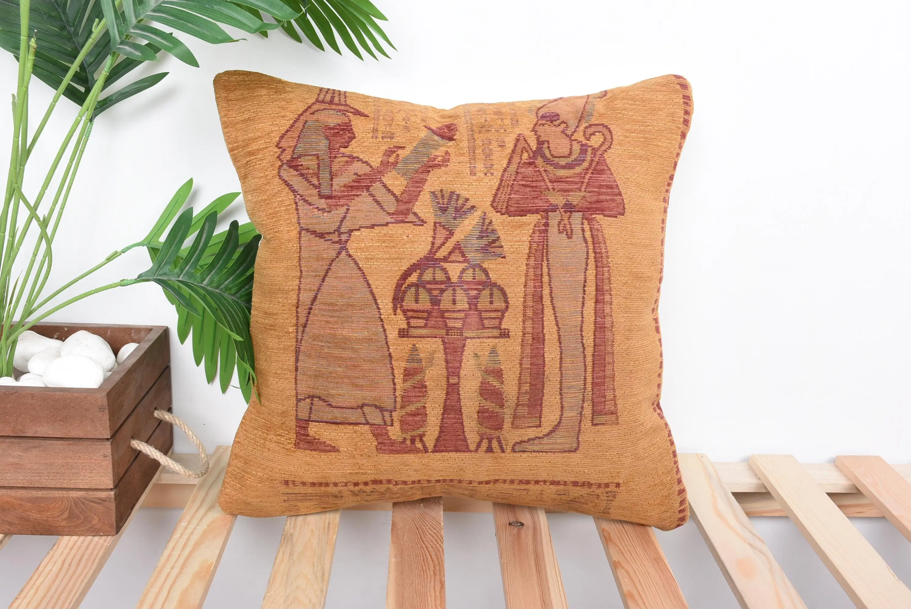 Brown & Pink Embroidered Geometric Throw Pillow, Vintage Handmade Cushion - 1