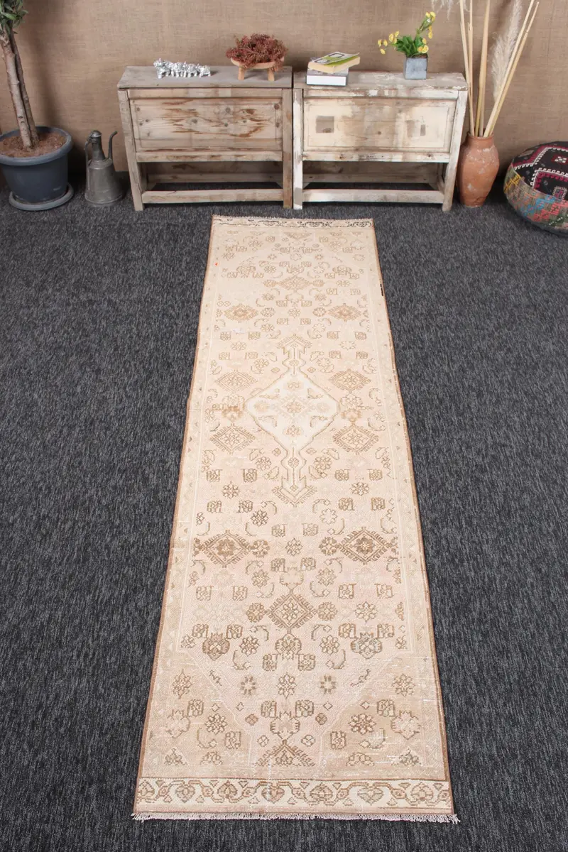 Vintage Rug, 2.5x9.4 ft Runner Turkish Rug, Oushak Beige Brown Ikat Rug - 1