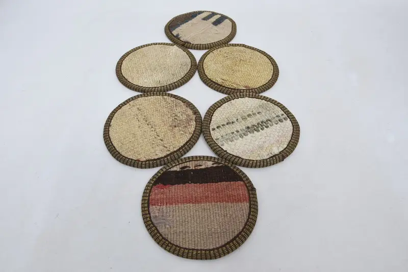 Bohemian Round Coaster Set, Beige and Red Coasters