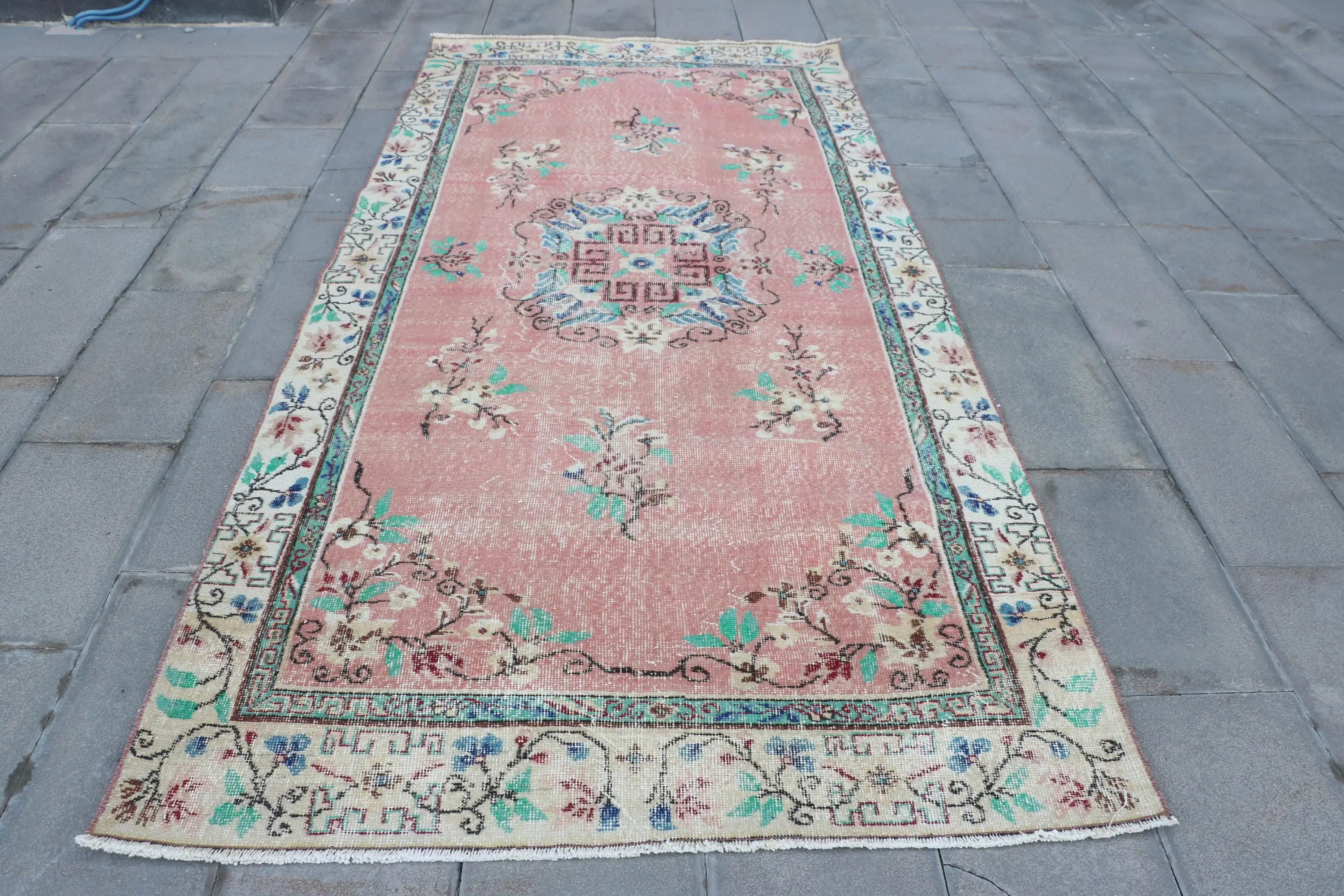4.6x9.7 ft Turkish Rug, Vintage Rug, Pink Floral Wool Rug - 1