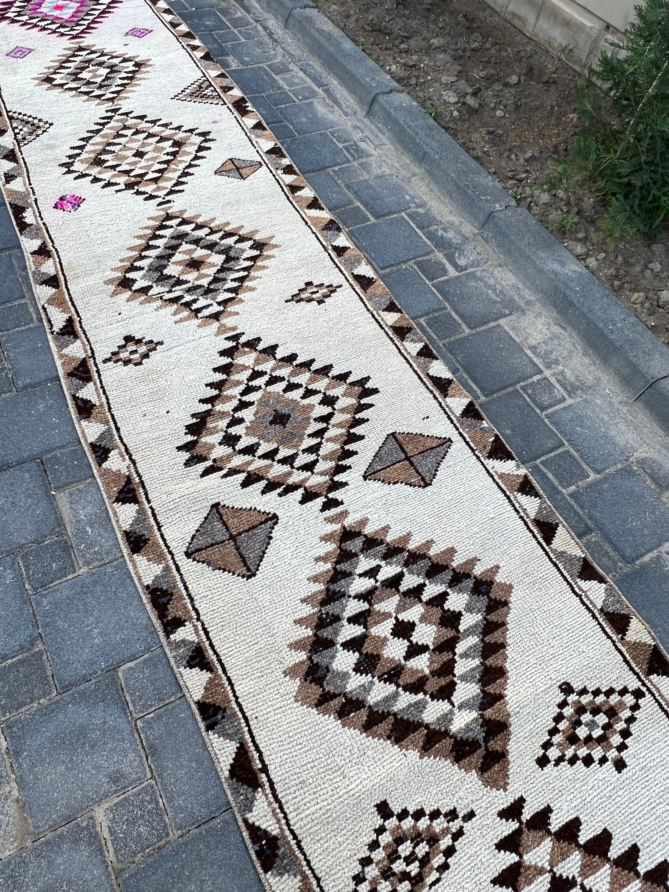 Vintage Rug, 2.7x13.7 ft Runner Rug, White Brown Herki Rug - 1