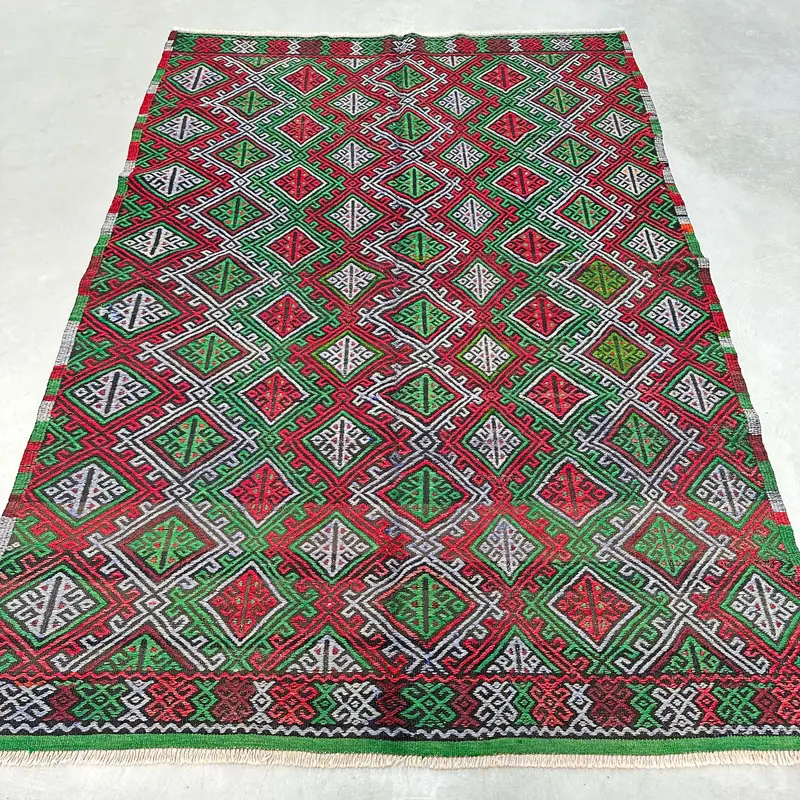 Yeşil Güneybatı Halısı, Kırmızı Desenli 5x7 ft