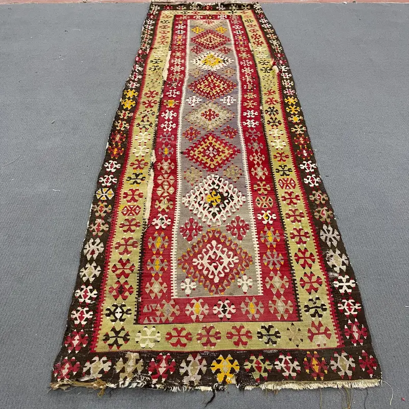 Vintage Rug, 3.7x12.5 ft Turkish Rug, Red Yellow Moroccan Wool Rug - 1