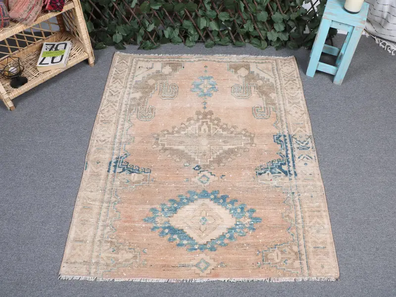 Brown Moroccan Rug, 3.3x3.9 ft Blue Accent