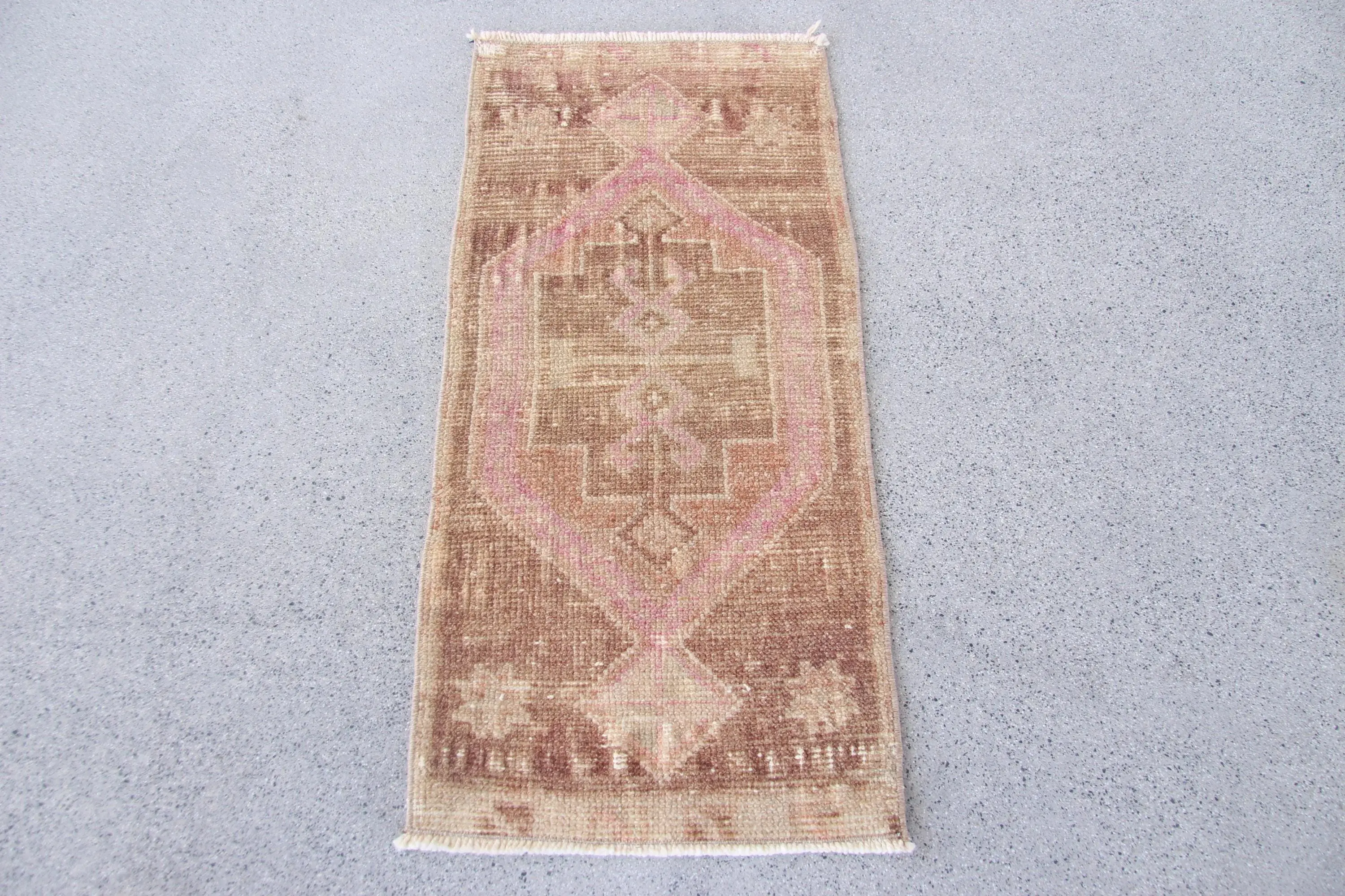 Turkish Small Rug 1.3x2.8 ft (41x86 cm), Vintage Brown Polka dot Wool Rug - 1