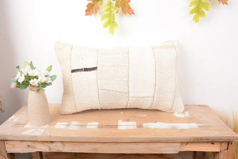 Handmade Beige Patchwork Throw Pillow, 12x20 Embroidered Vintage Pillow