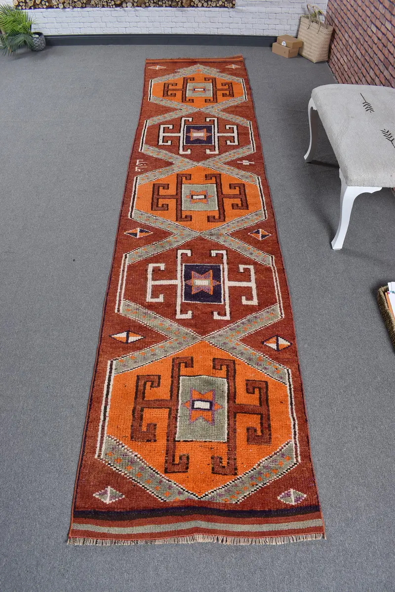 2.6x12.5 ft Turkish Vintage Rug, Runner Rug, Orange Brown Solid Wool Rug - 1
