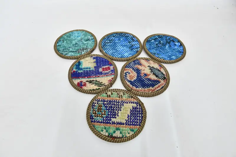 Bohemian Pattern Blue and Beige Coasters, Round Design Coasters