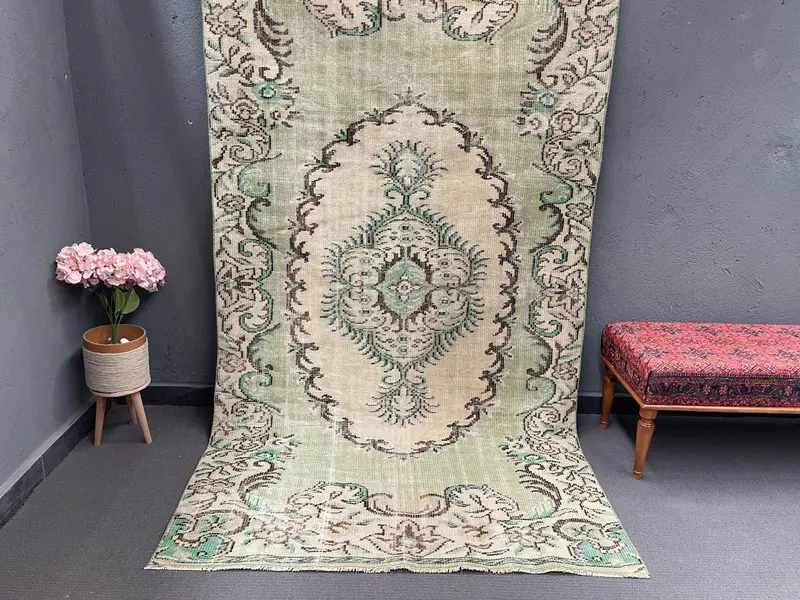 Turkish Large Rug, 4.8x8.5 ft Vintage Rug, Green Floral Wool Rug - 1