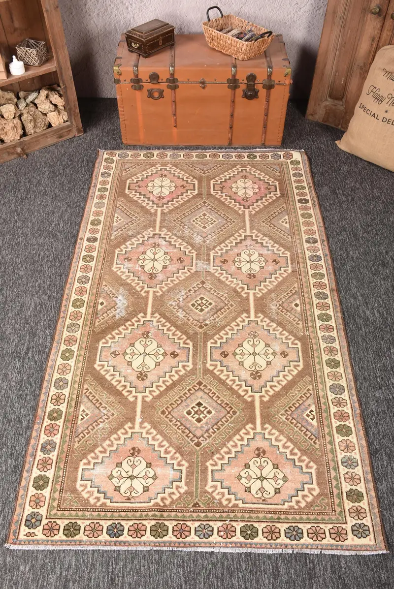 Alfombra vintage turca, alfombra de área de 4,2x7,5 pies, alfombra geométrica Oushak marrón - 1