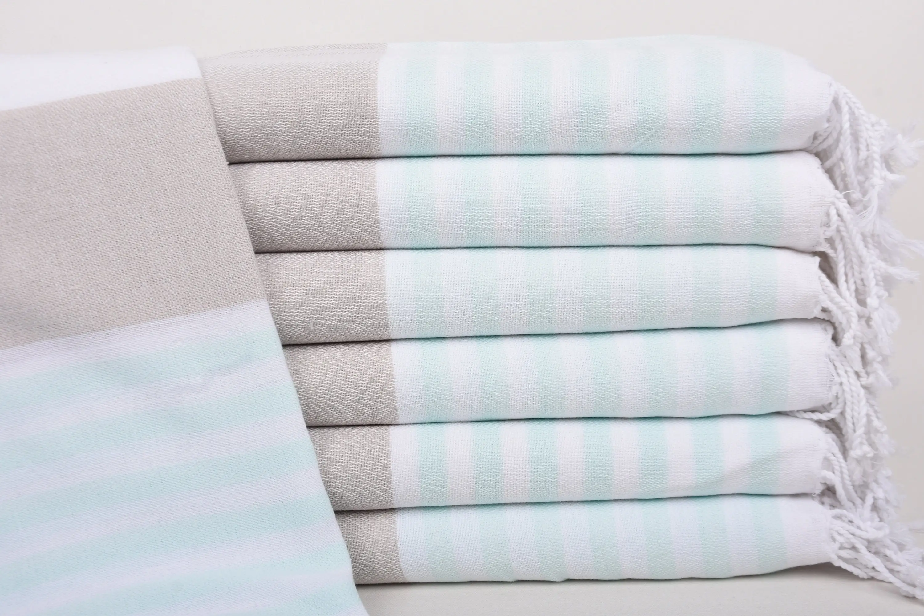Monogrammed Turkish Cotton Beige-Mint Striped Towel, Bath Towel, 40x71 Inches - 1