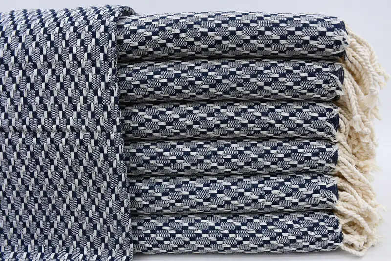 オーガニックトルコバスタオル、40x70、ネイビーブルーとベージュ - 1