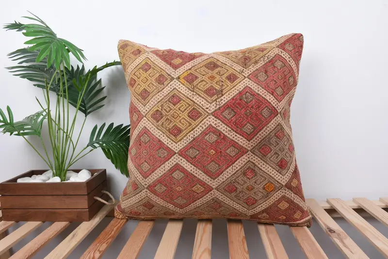 Cushion Cover, Boho Pillow Sham Cover, Bohemian Cushion Pillow Sham, Turkish Pillow, 24x24 Red Pillow, Vintage Cushion, Pillow for Couch - 1