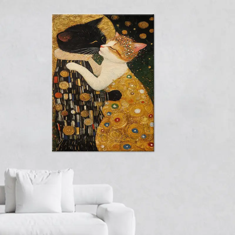 Modern Soyut Kanvas: Gustav Klimt'in Öpücüğü, Kedi Sevgilisine Hediye