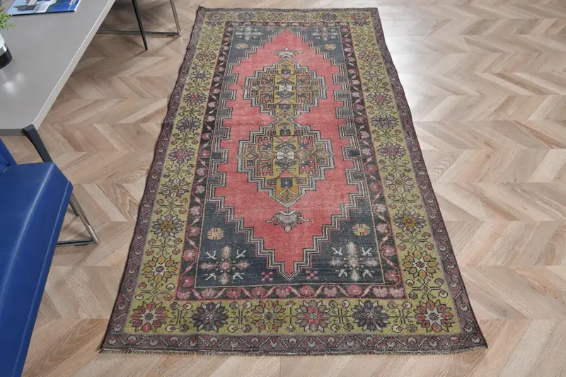 レッド&ブルーラグ、3.7x7.2フィートボタニカルデザイン