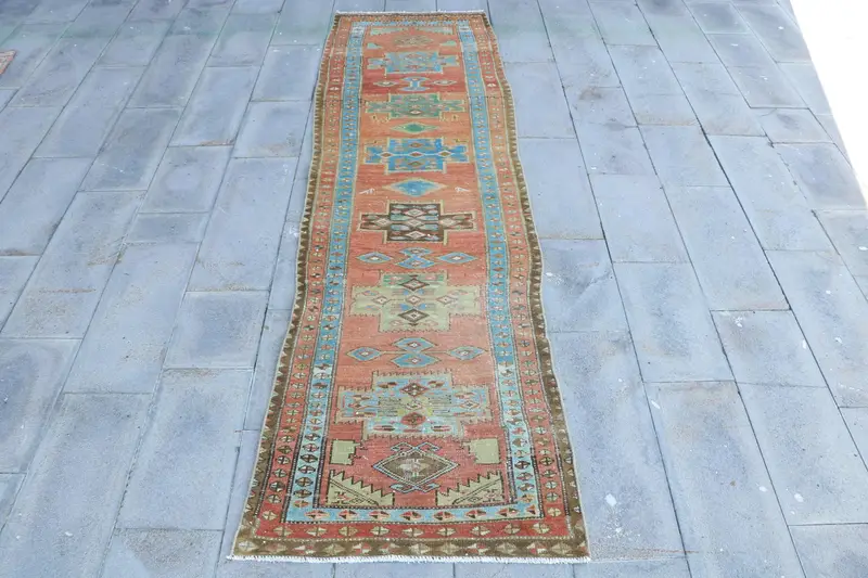 Vintage Oushak Runner Rug 3x10.5 ft (91x321 cm), Turkish Red Plants & trees Rug - 1