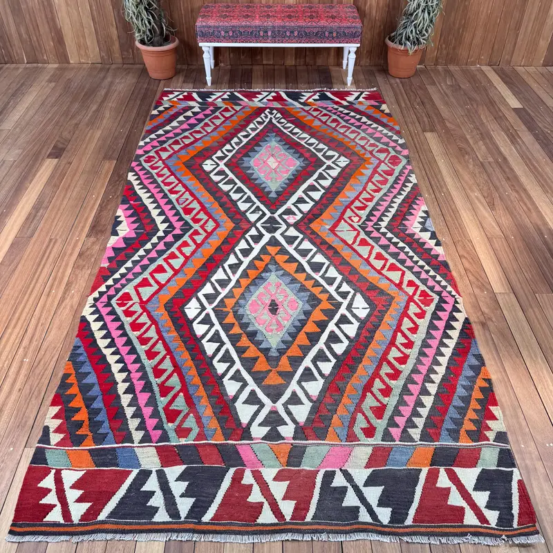 Turkish Vintage Rug, 5.5x10.9 ft Large Rug, Red Orange Ikat Wool Rug - 1