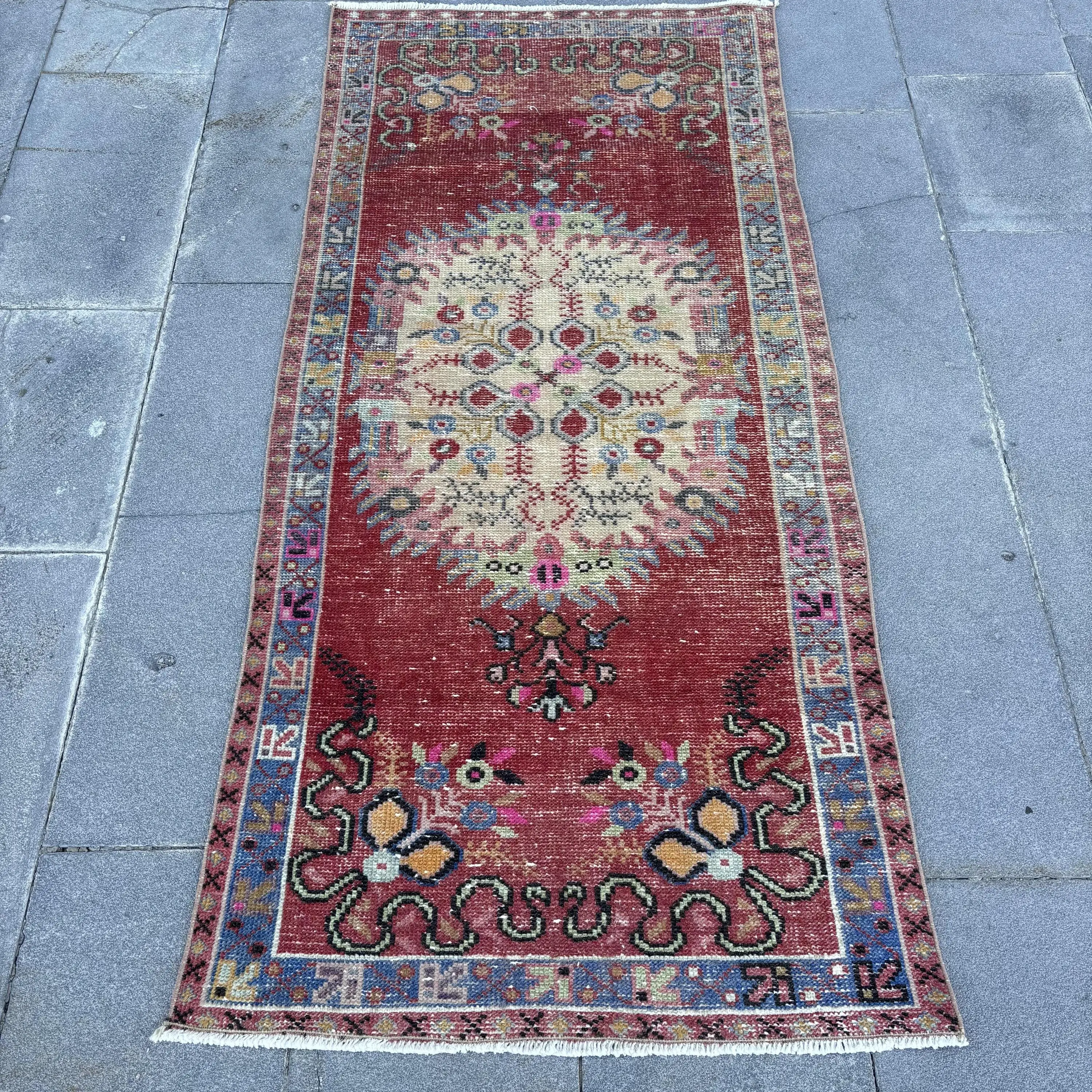 Vintage 2.6x5.7 ft Rug, Small Turkish Rug, Red Blue Polka dot Rug - 1