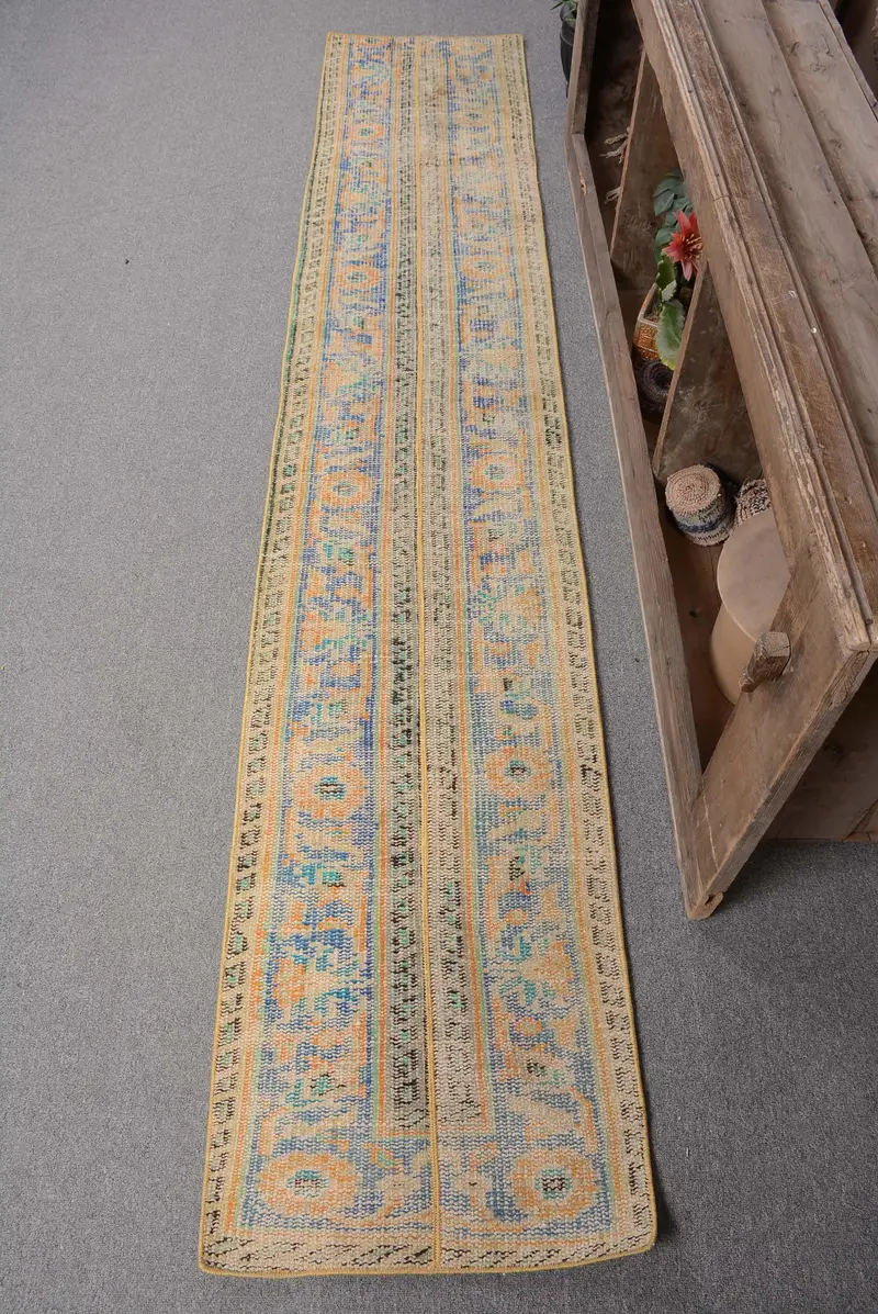 Mavi Oryantal Halı, 1,6x8,9 ft Turuncu Desenli